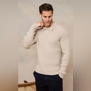Raith ETHAN RIBBED KNITTED LONG SLEEVE POLO - BEIGE Size L